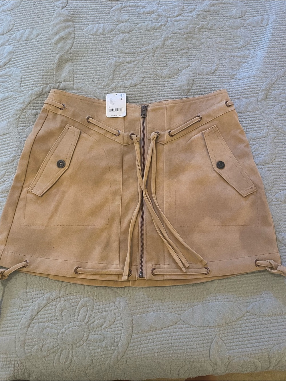 Free People Tan Suedette Front-Zip Mini Skirt with Lace-Up Accents